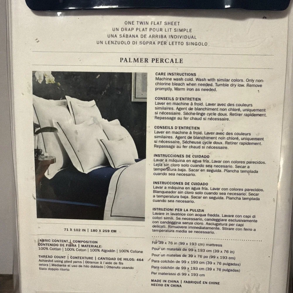 NEW Ralph Lauren Palmer Twin Flat Sheet White & Charcoal, 100% Cotton Percale